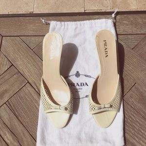 Cream patent leather peep toe heeled sandal